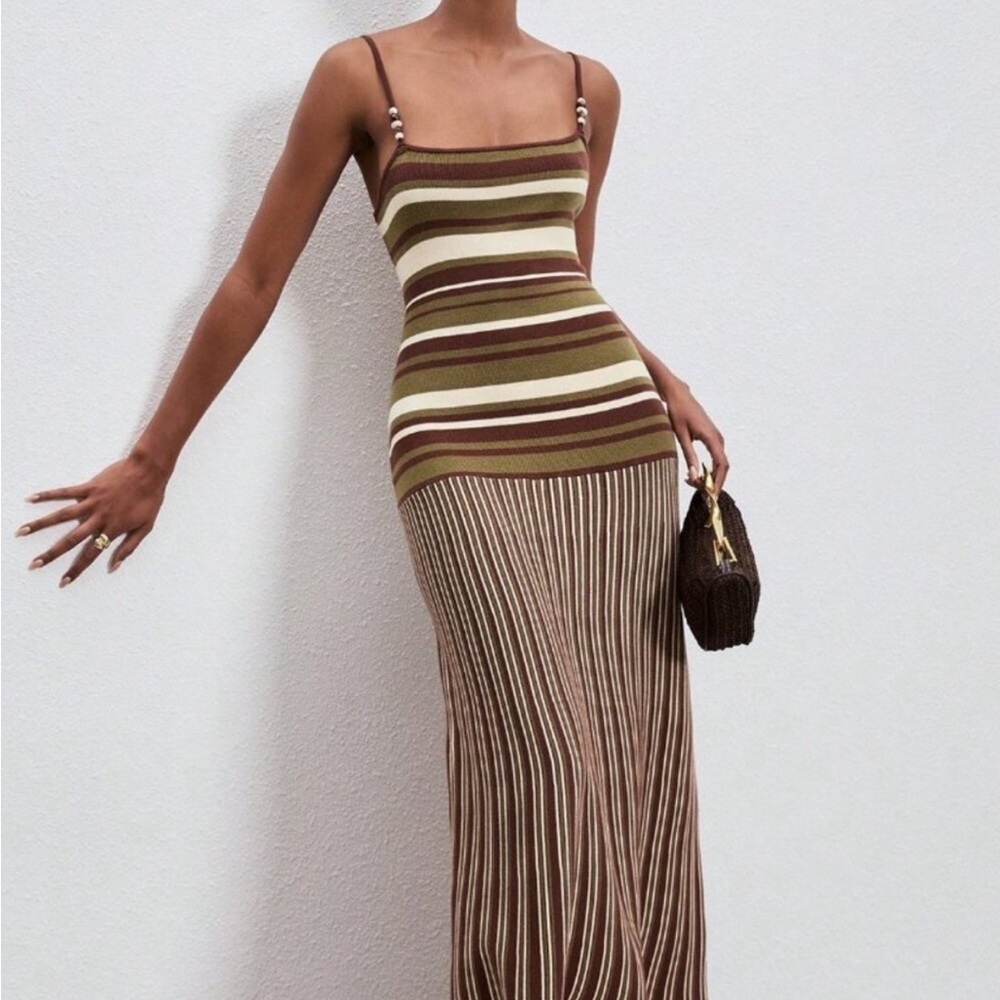 Striped Knit Maxi Dress in Olive, Brown & Cream